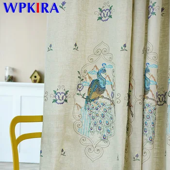 

Delicate Peacock Embroidered Beige Linen Blackout Curtain for Bedroom Window Luxury Sheer Tulle Curtain for Living Room WP433D4