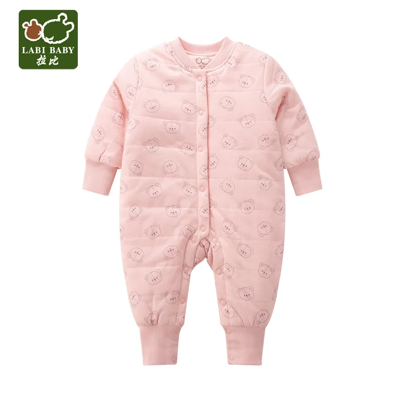 Rose red LABIBABY/Хлопковые комбинезоны с длинными рукавами для девочек, мягкие теплые комбинезоны, одежда для детей от 3 до 18 месяцев, унисекс, цвета хаки розовый, красный, милый медведь - Цвет: Rose red