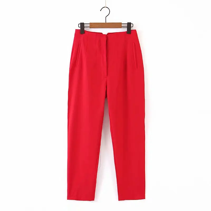 

Spring Women's Suit Pants Red High Waist Wide Leg Office Lady Mature Pant