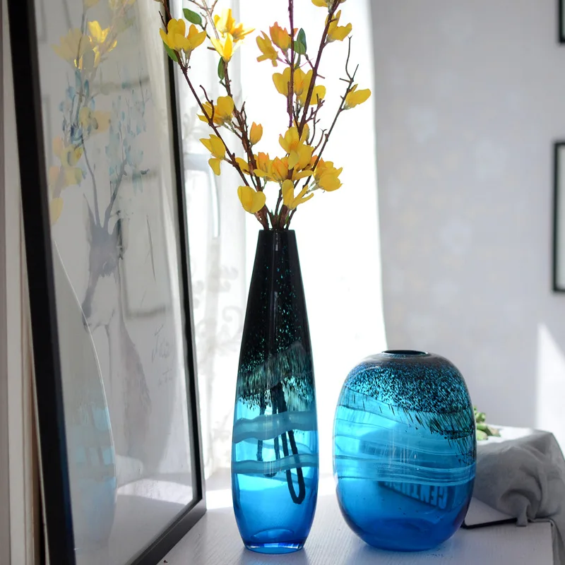 Синяя стеклянная ваза в американском стиле, Европейские предметы интерьера декоративный цветок, модная Цветочная ваза