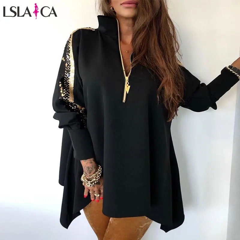 discounted  Women Jackets Fashion Sequins Patchwork Stand Collar Long Sleeve Zipper Loose Casual Ladies Coats P