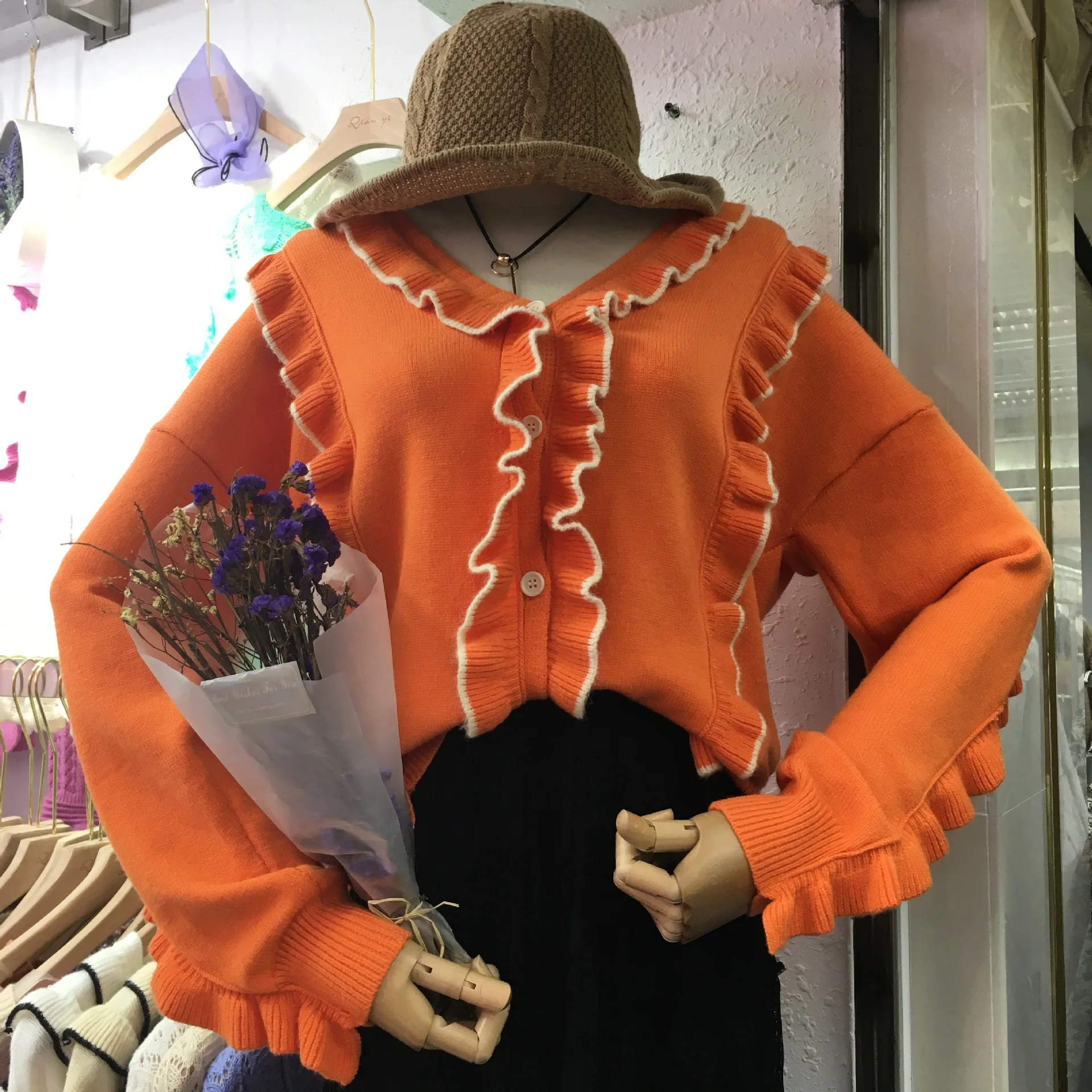 

Autumn New Style 2018 Korean-style Solid Color Sweet Elegant V-neck Frilled Contrast Color Long Sleeve Knitted Cardigan Tops