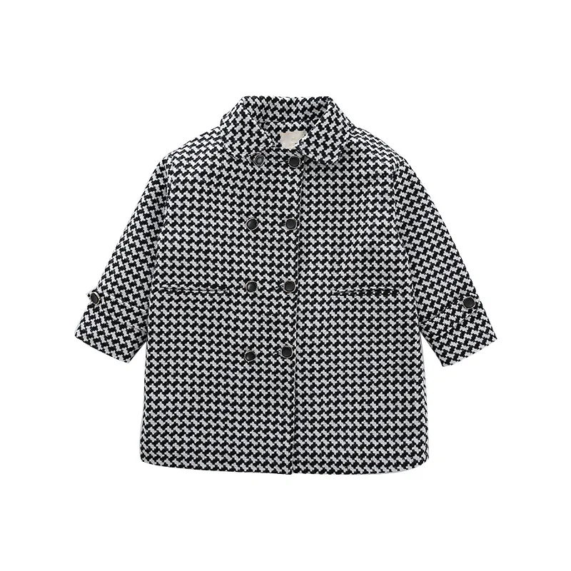 Houndstooth Lapel Jacket Winter Spring Coat Outerwear Top Children Clothes School Kids Costume Teenage Girl Clothing Woolen Clot