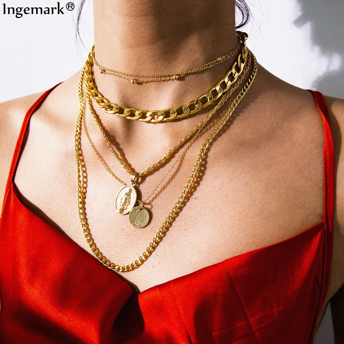 

Punk Multi Layer Vingin Mary Choker Necklace Pendnat Collar Statement Vintage Coin Bead Chunky Long Chain Necklace Women Jewelry
