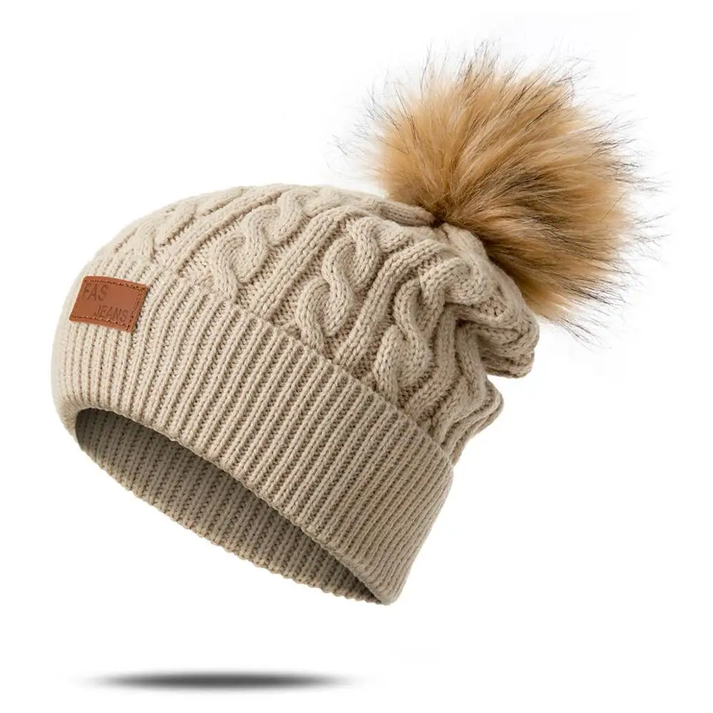 Beige SuperB&G, модная женская зимняя шапка для детей, помпоны, теплые вязанные шляпы, одноцветная удобная мягкая шапка для девочек, аксессуары - Цвет: Beige