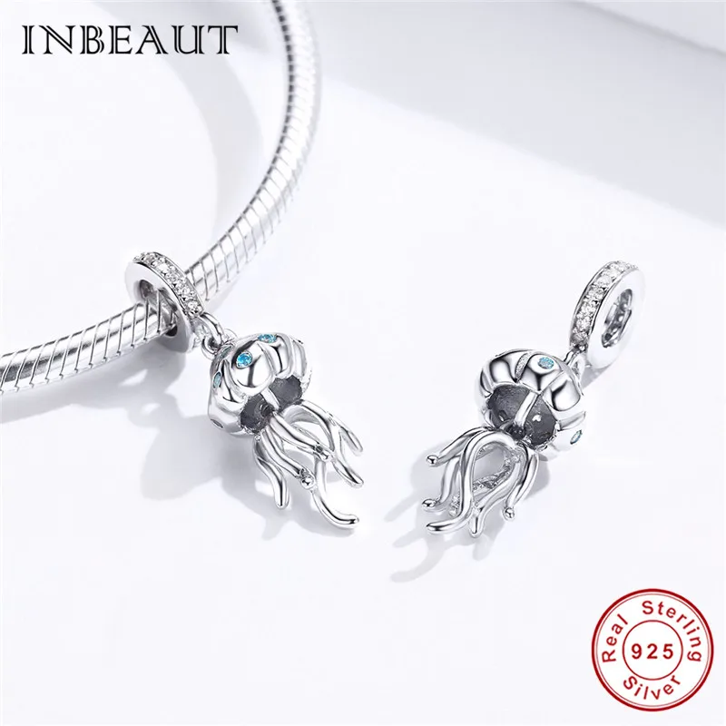 INBEAUT настоящая 925 пробы Серебряная Медуза Подходит для Пандора браслет Осьминог амулеты синий CZ Каракатица бусины для DIY ювелирных изделий