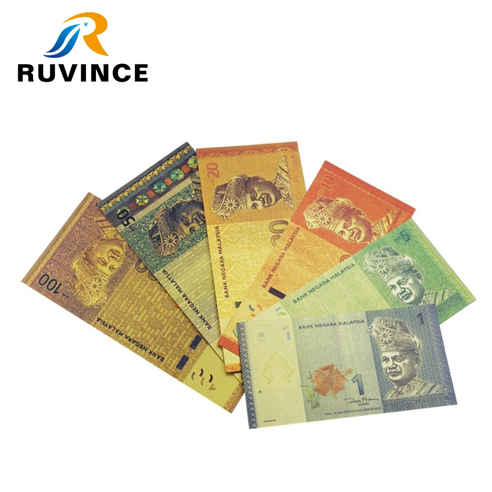 

Ruvince 10pcs/lot Colored Malasia Gold Banknotes 1/5/10/20/50/100 Ringgit Banknotes in 24k Gold Fake Paper Money For Gift