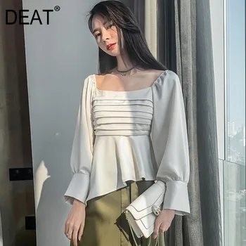 

DEAT 2020 Summer New High-quality Irregular Shirt Slim Ruffle Top Korea Square Collar Lantern Sleeve Design Ladies Beige Blouse