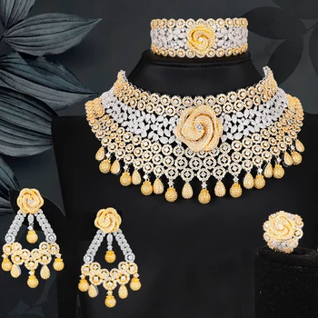 

Shiny Luxury Cubic Zirconia Nigeria Jewelry Sets For Women Necklace Earrings Bracelet Rings Jewelry Set bijoux africans dubai