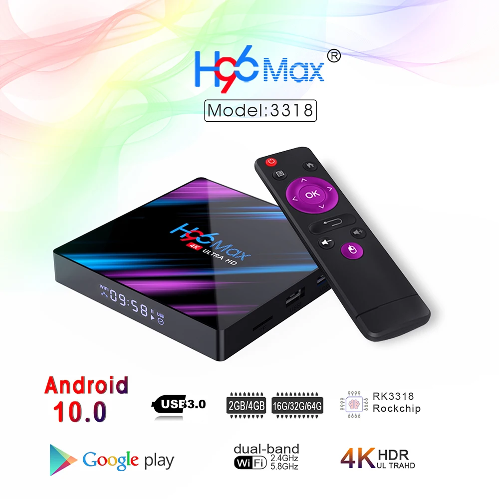 H96 MAX Android 10 Smart TV Box 4 Гб Оперативная память 32GB RK3318 медиа проигрыватель 4K голосового