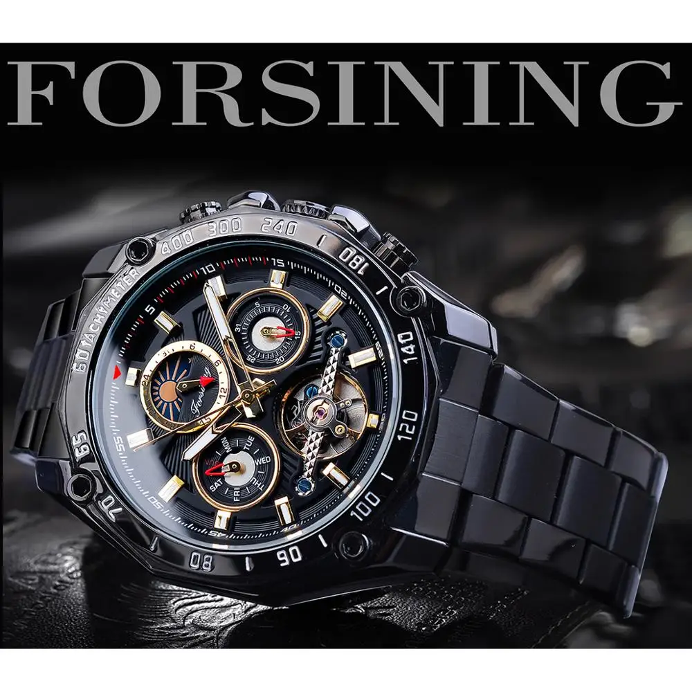 Forsining Классические черные мужские механические часы Tourbillon полый Скелет самоветер Дата Moonphase стальные ремни автоматические часы