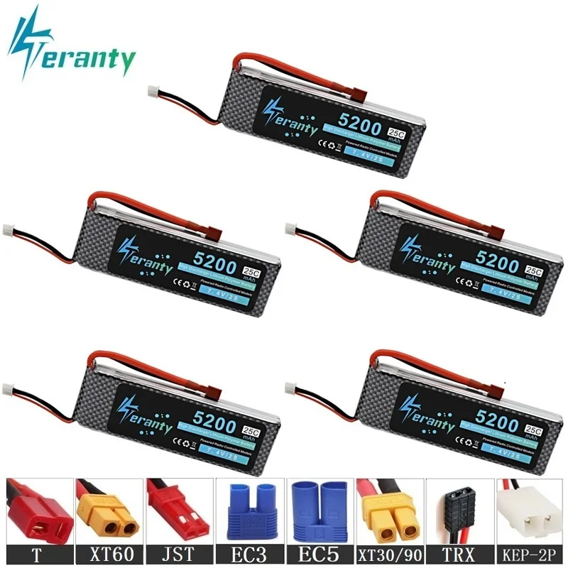 

100% Capacity 2S 7.4v 5200mAh Rechargeable Battery For RC Drone RC Cars RC Robots RC Boats toy Gun 7.4v Lipo Battery 5pcs T/XT60