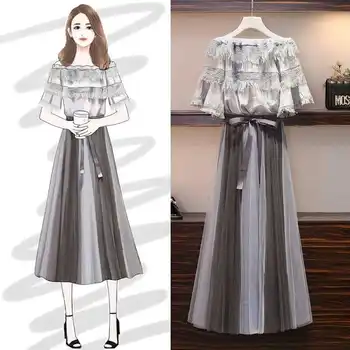 

Women Summer T Shirt 2-piece Set Off Shoulder Basic Tees+Elastic High Waist Bow Print Mesh See Skirt Fashion Suit Plus Size H78