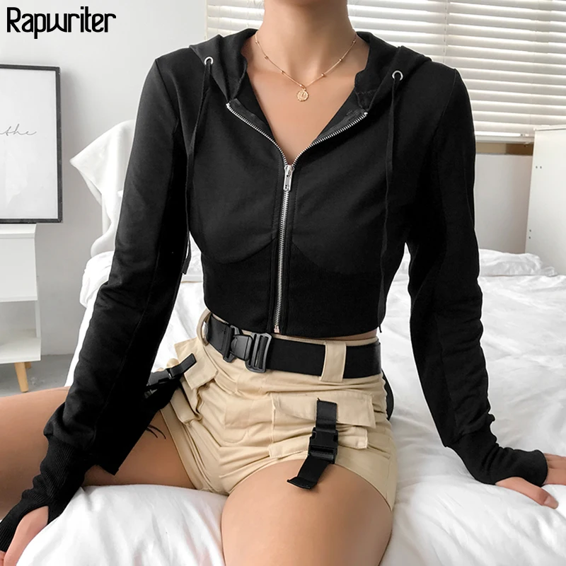 

Rapwriter Casual Ribbon Patchwork Zipper Black Hooded Jackets Women 2019 Autumn Outwear Long Sleeve Crop bomber Jackets Coat