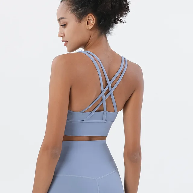 Lulu Classic Solid Color Cross Back Women Sport Bra Fitness Tank Top Shockproof Run Tight Yoga Vest No Steel Ring With Chest Pad Grey blue