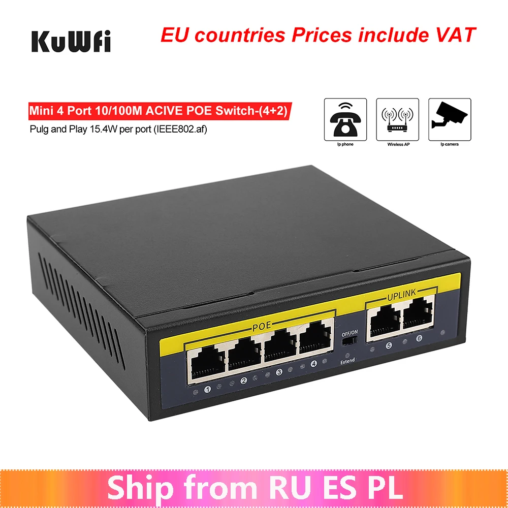 KuWFi POE Switch 4 POE+2 Uplink IEEE802.3af/at for IP Camera/Wireless AP/Wifi Router 10/100M Network with Extend Port | Компьютеры и