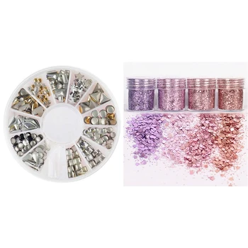

5 Box Nail Art Decorations:4 Box Sequins Glitter Dust Powder & 1 Box Gold and Silver Metal Studs in 12 Different Shapes