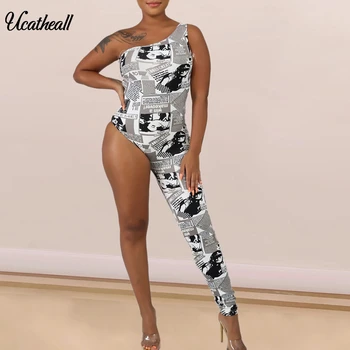 

Slahs Neck Full Jumpsuit Winter Women Jumpsuits Newspaper Print Sleeveless Outfits Sexy Rompers Club Night Party Romper