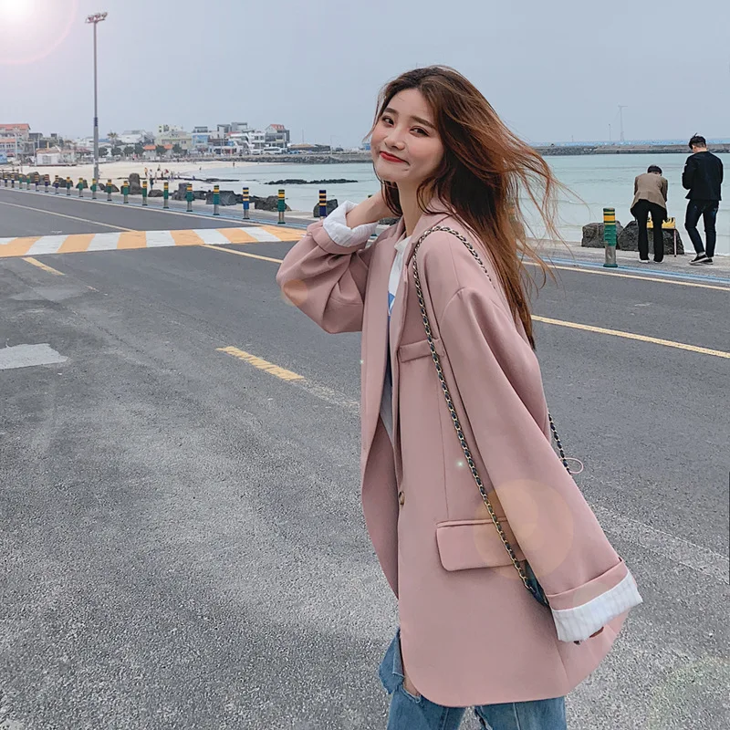 

2019 Autumn New Style Back Drawstring Loose-Fit Suit Jacket Women's Korean-style One-Button Straight-Cut Small Suit