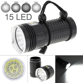 

Universal Power Display 15 x T6 LED 8000 Lumens Waterproof IP65 Aluminium Alloy Flashlight with 4 Modes Light and DC USB Cable