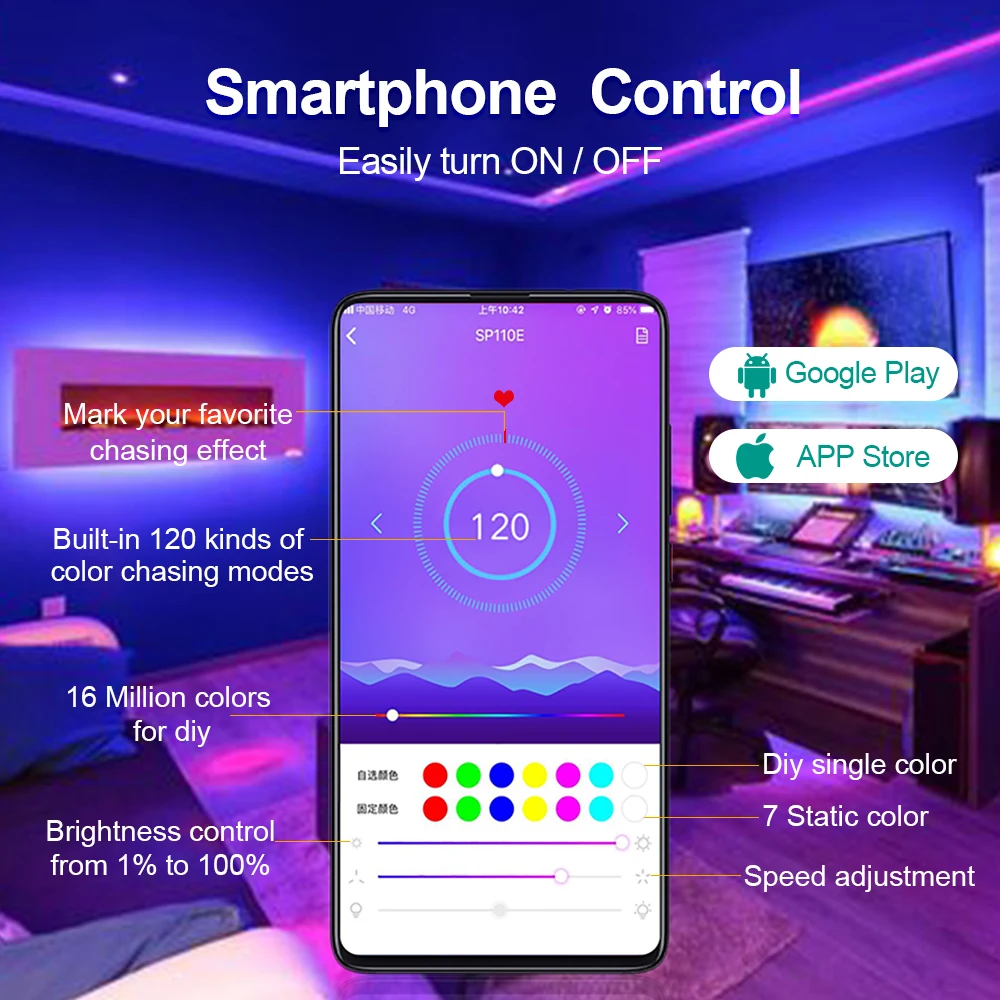US $15.67 WS2811 RGB LED Strip 5050 SMD Addressable 3060LEDsM SP110E Bluetooth APP Control 5m 10m 1 Ic Control 3 LEDs Pixel Strips Set