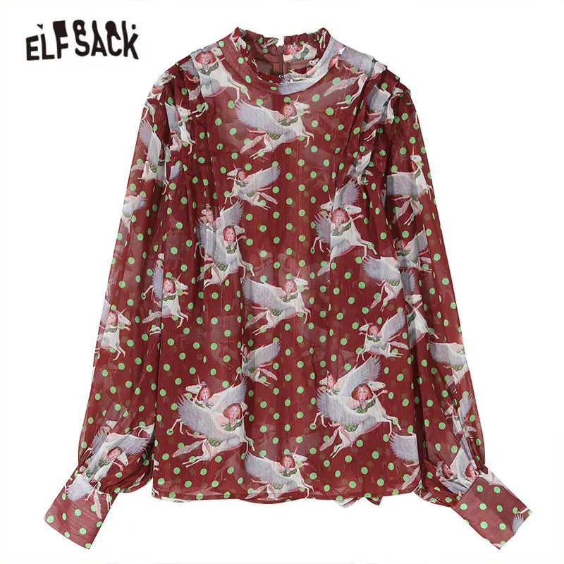 ELFSACK шифоновая блузка с принтом ангела кофейного цвета в горошек, женская рубашка, осень, однобортный рукав-фонарик, офисные женские топы на каждый день