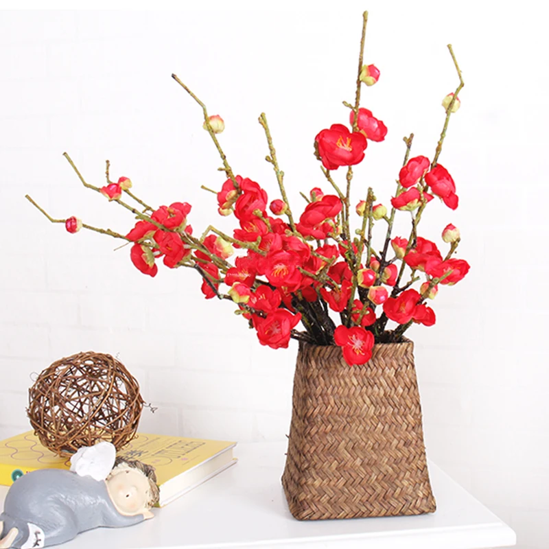 Artificial Flower Wintersweet Plum Cherry Blossom Pink White Red Fake Sakura Tree Branch Plastic Plant Wedding Party Home Decor | Дом и сад