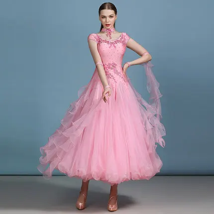 Розовые синие Бальные Танцевальные соревнования платья Танцы вальса платье бахрома светящиеся костюмы стандартный бальный зал платье foxtrot 3 цвета - Цвет: Розовый