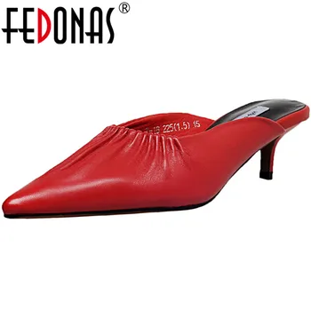 

FEDONAS Pleated Single Pointed Toe Women Mules Genuine Leather Thin Heels Pumps 2020 Spring Summer Wedding Casual Shoes Woman