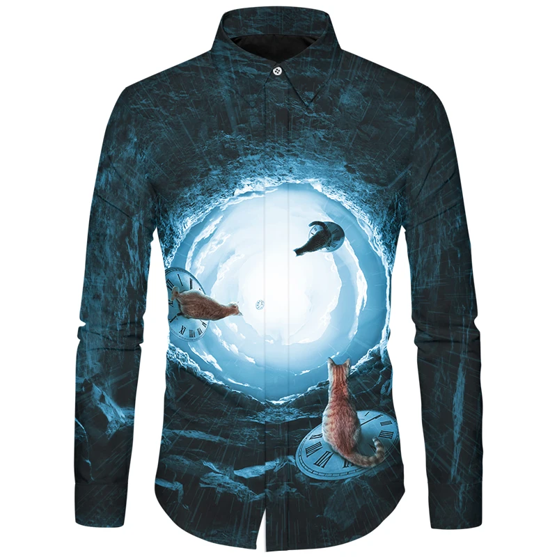 YOUTHUP повседневные мужские рубашки с 3D принтом забавных кошек Slim Fit рубашки с длинным рукавом Homme уличная модная блузка Топ 5XL - Цвет: 3DA9CS021