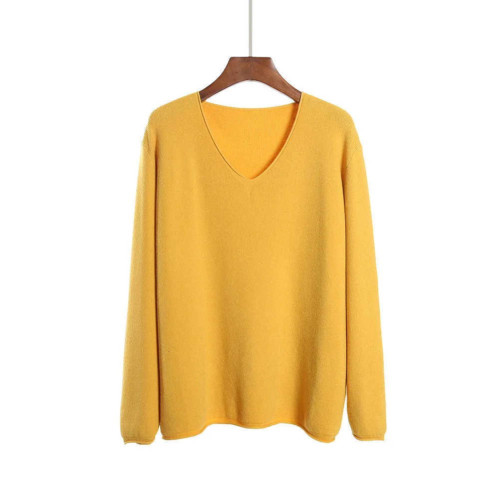Желтый вязаный пуловер с v-образным вырезом, женский весенний осенний Повседневный свитер с длинным рукавом, свободный однотонный базовый вязаный джемпер, топы синего цвета - Цвет: Yellow