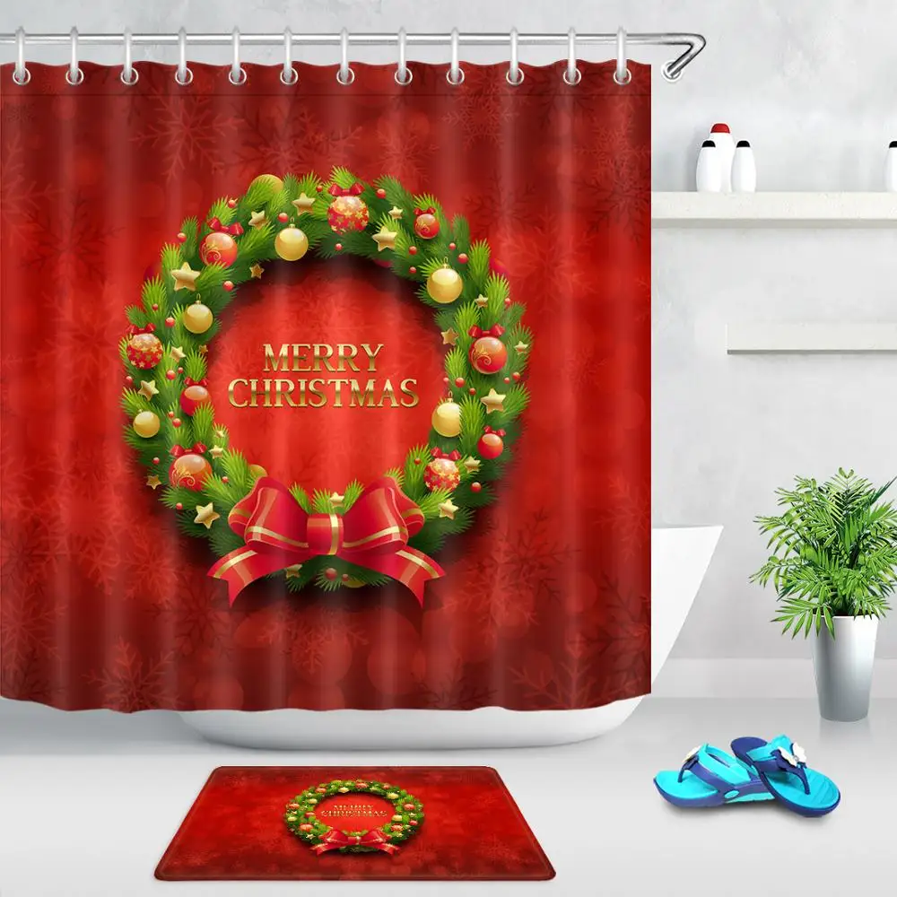Merry Christmas набор аксессуаров для ванной, Рождественский венок, полиэстер, водонепроницаемая ткань, занавеска для ванной, 12 крючков и коврик для двери - Цвет: Curtain and mat set