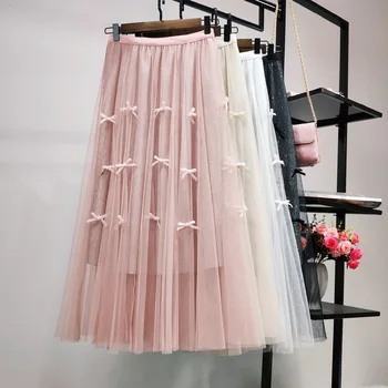 

Women's Tulle Skirt Sweet Bows Pleated Skirt 2019 New Fashion Black White Pink Mesh Midi Skirt High Waist Woman Skirts 2 Layers