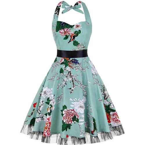 DongDong❤Womens Vintage Halter Dress 1950s Floral Sping Retro Rockabilly Polka Dot Cocktail Swing Tea Dresses