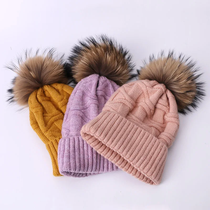 Зимняя шапка из натурального меха с помпонами и помпонами Skullies Beanies, шапка для женщин, уличная теплая Толстая шапка, женская вязаная шапка