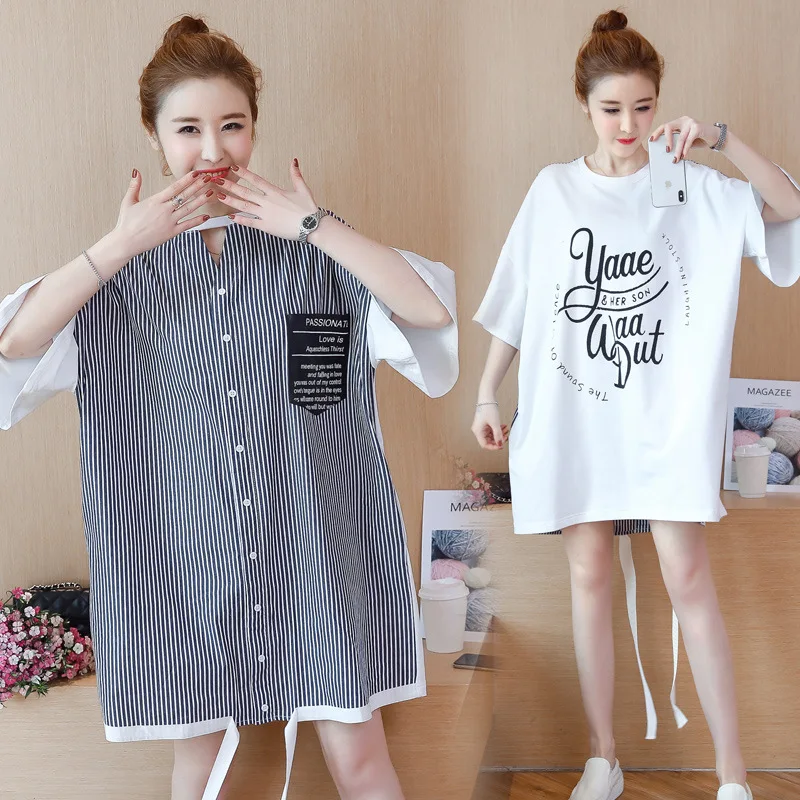 

2019 Summer New Style Korean-style Joint Stripes Hong Kong Flavor Reversible Fashion-Large Size Fashion Maternity Clothes Dress