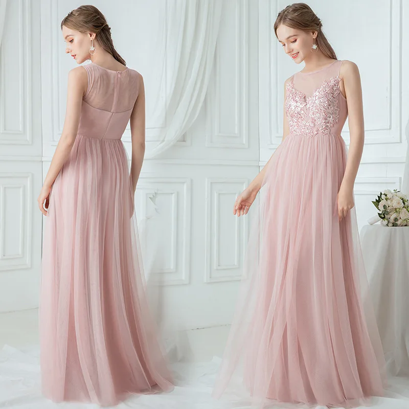 

Pink Formal Party Dress 2020 Embroidery Women Robe De Soiree R153 O-Neck Sleeveless Elegant Evening Dresses A-Line Long Vestidos