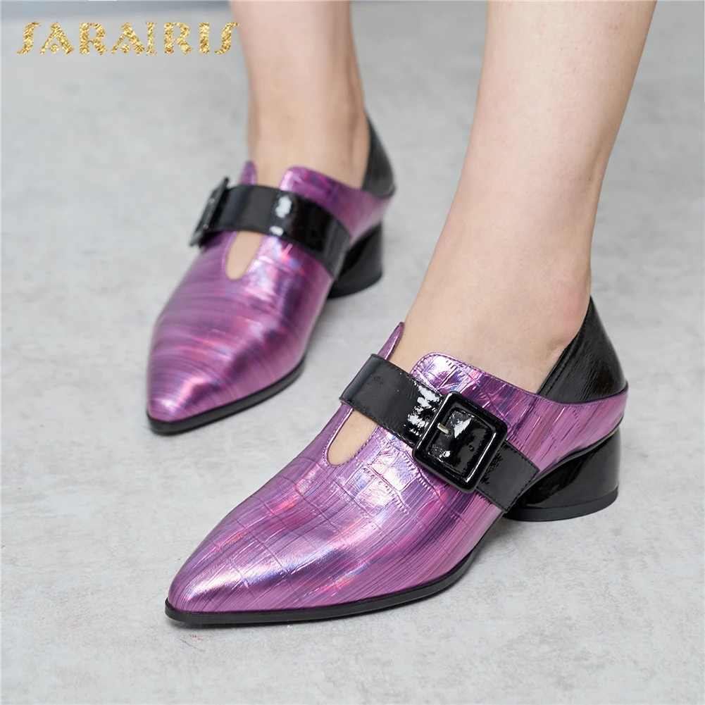 

Sarairis Design Hot Sale Genuine Cow Leather Strange Style Buckle Strap Shoes Woman Pumps Pointed Toe Novelty Pumps Women Shoes