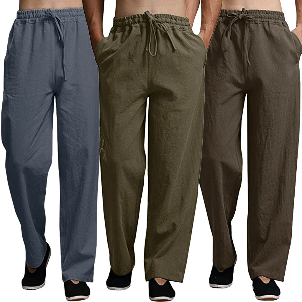 Men Summer Fashion Casual Cotton Long Pants Solid Color Casual