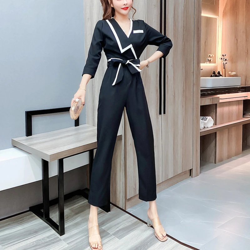 

Spring Autumn New Women's Slim High Waist V-Neck Professional Office Working Stitching Casual Jumpsuit