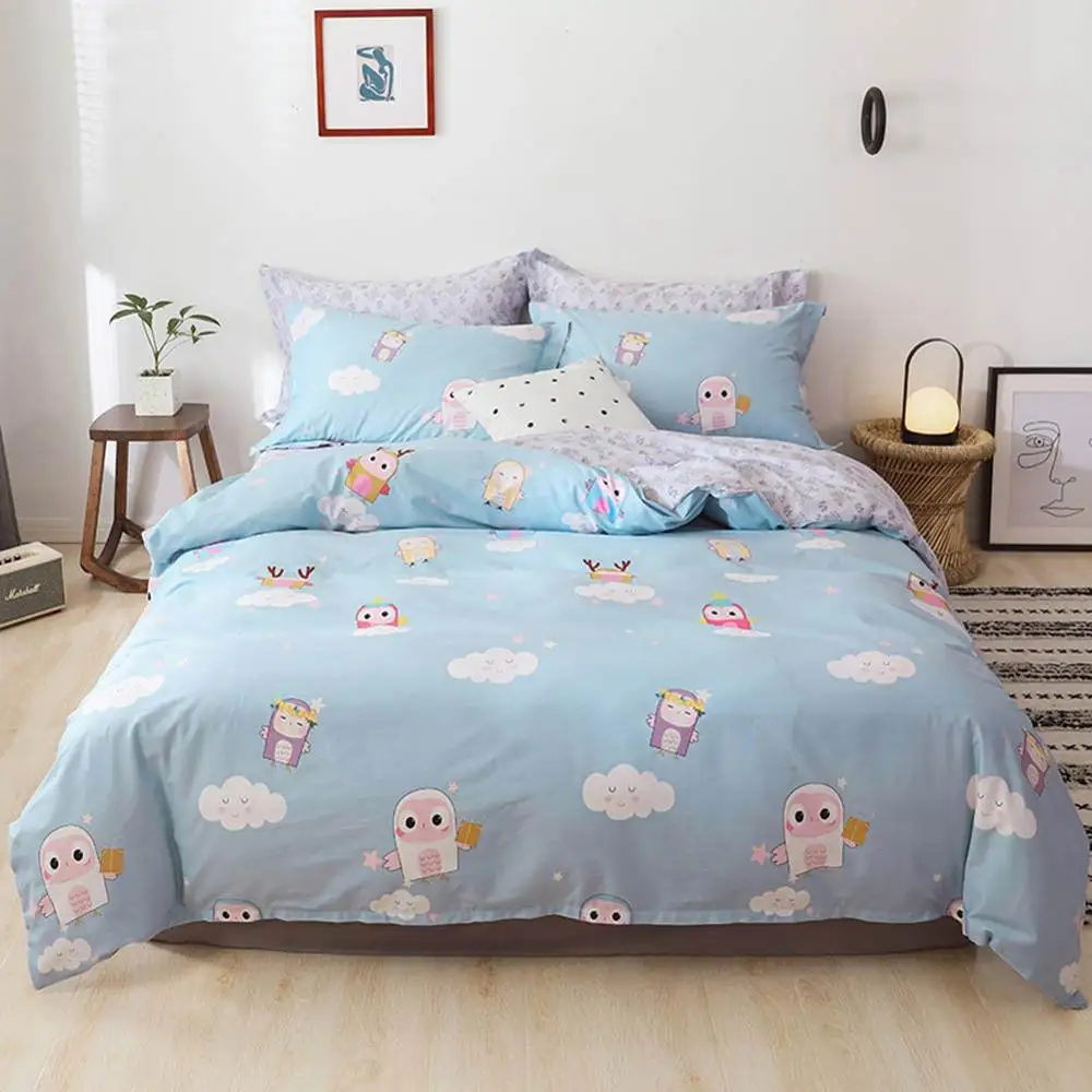 

2019 Flying Owls Cloud Blue Duvet Cover Set Flat Fitted Sheet Cotton Bedlinens Hypoallergenic Twin Queen King Bedlinens