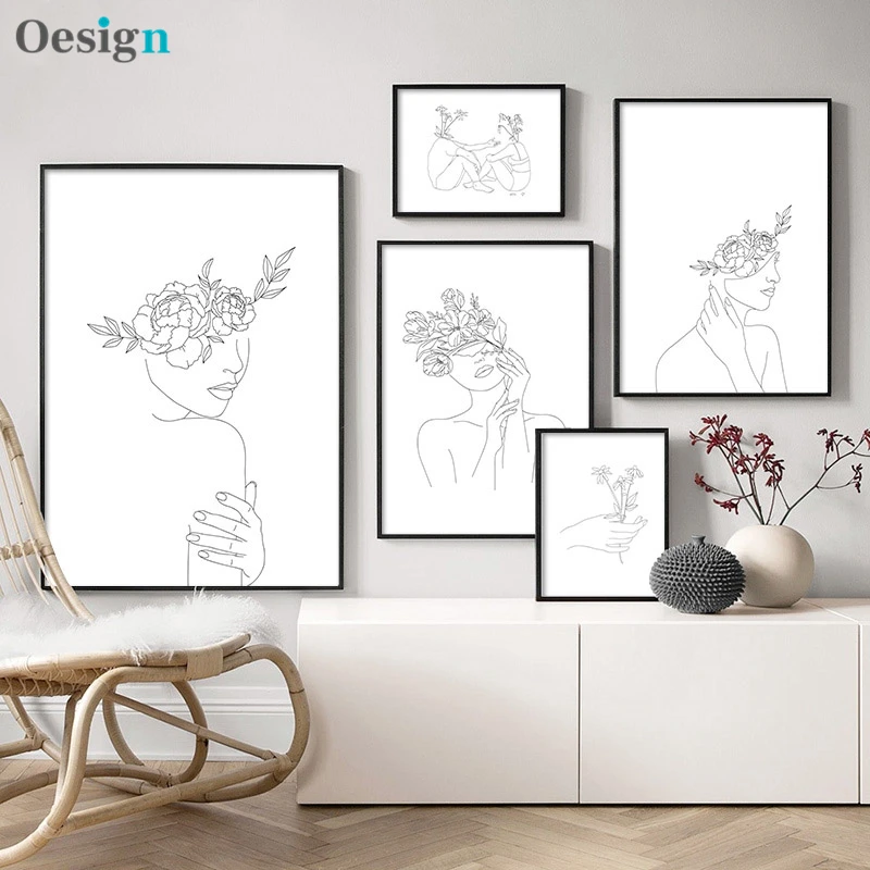 

Simplicity Line Drawing Poster and Print Black White Abstract Flower Woman Artwork Canvas Painting Wall Art Picture Home Decor