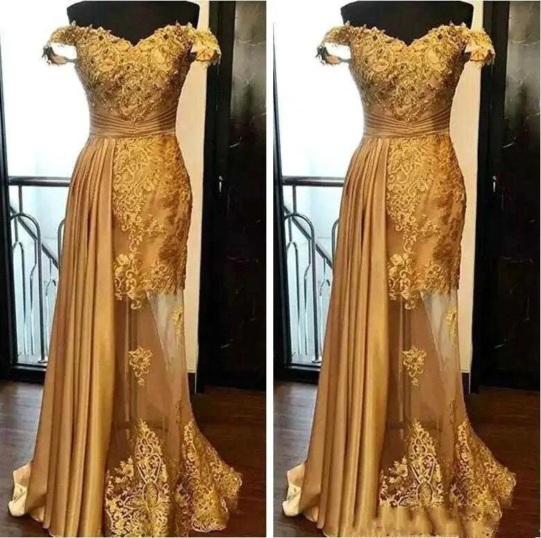 2020Off/длинные вечерние платья с открытыми плечами; арабское Золотое Тюлевое платье с аппликацией, рюшами и бисером; Длина до пола; торжественные вечерние платья