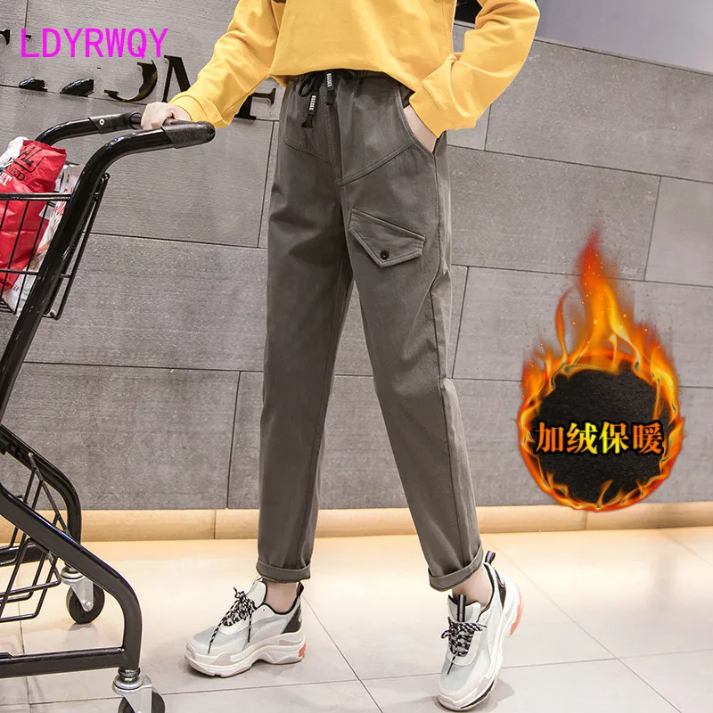 

2019 autumn and winter lace elastic waist women plus velvet thick casual wear harem pants Pockets Solid Drawstring