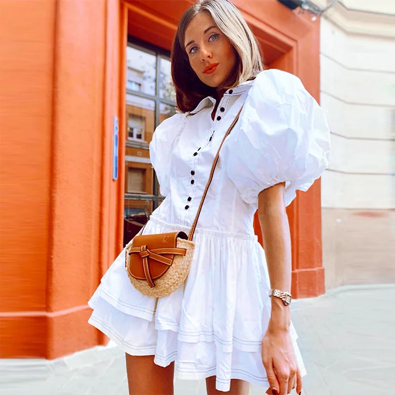 

DEAT 2019 Summer Autumn Half Puff Sleeve Turn Down Collar White Buttons Short Mini Cotton Chiffon Cake Pleated Shirt Dress MG240