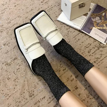 

Genuine Leather Metal Chain Square Head Retro Closed-toe Flat Heel Slipper Fashion Shoes Summer Foot Covering WOMENShoes