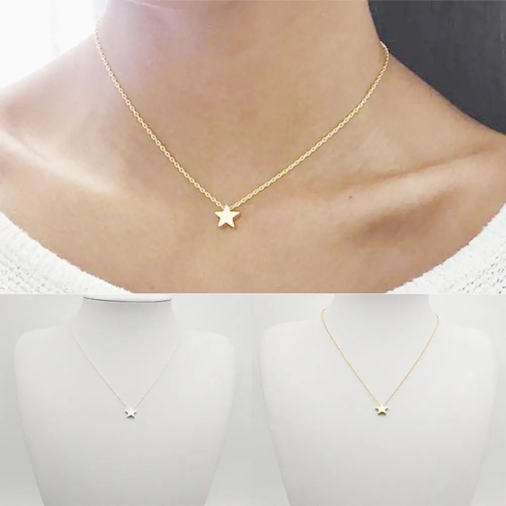 Women Simple Fashion Golden/Silver Tiny Five Point Star Pendant Female Choker Short Necklace Chain Jewelry Copper Lady | Украшения и