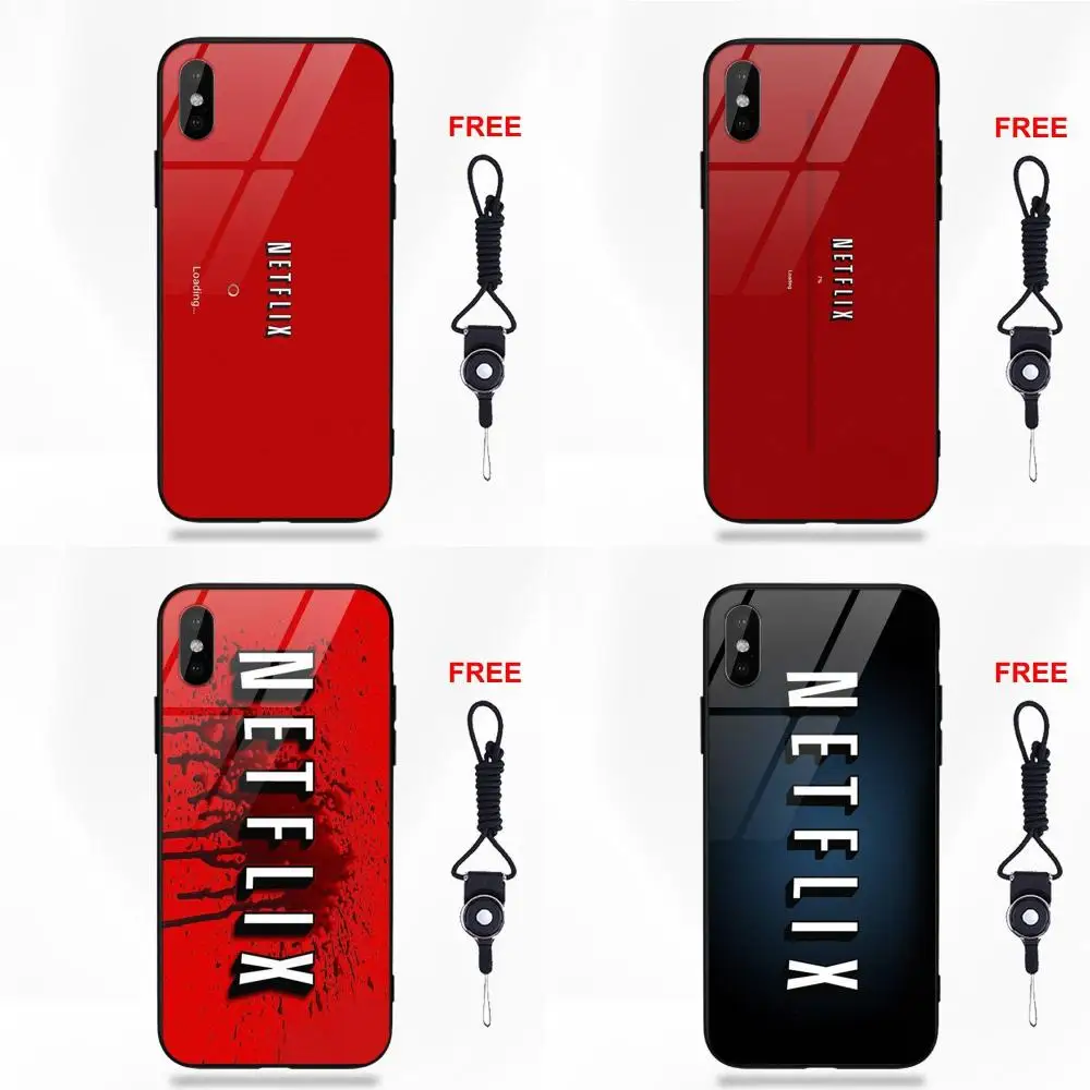 

For Apple iPhone 5 5C 5S SE 6 6S 7 8 Plus X XS Max XR Soft TPU Frame+Tempered Glass Capa Case Netflix Logo Fashion Shell