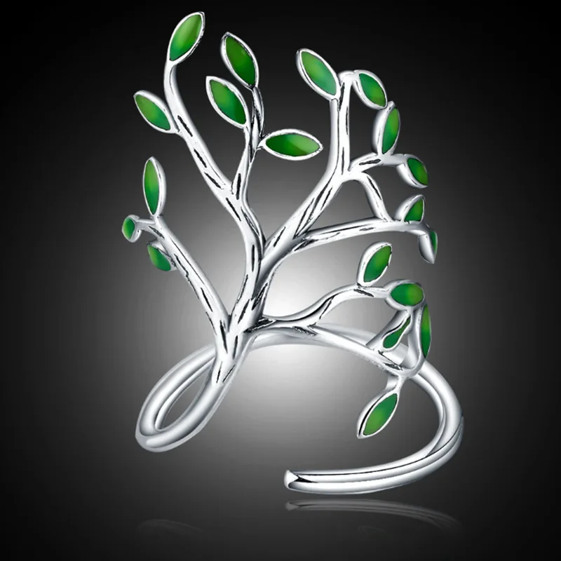 Изысканное дерево форма для женщин Sterling-925silver для женщин кольцо личности мода зеленый спрей краски лист ювелирные украшения Bijoux