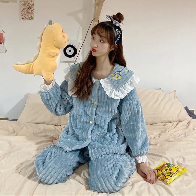 

Autumn And Winter Korean-style Pajamas GIRL'S Students Lace Fold-down Collar Long Sleeve Sweet Cute Peter Pan Collar Tracksuit T
